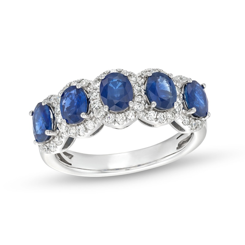Oval Blue Sapphire and 3/8 CT. T.W. Diamond Frame Five Stone Ring in 14K White Gold