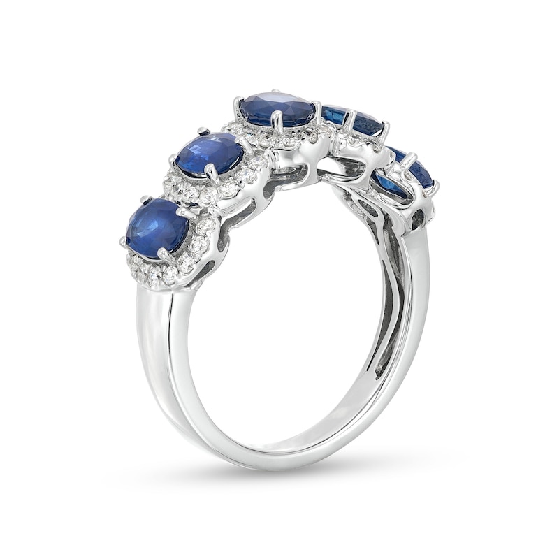 Oval Blue Sapphire and 3/8 CT. T.W. Diamond Frame Five Stone Ring in 14K White Gold