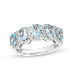 Oval Aquamarine and 3/8 CT. T.W. Diamond Frame Five Stone Ring in 14K White Gold