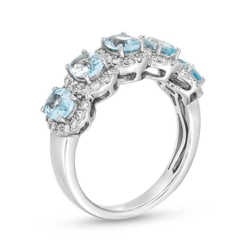 Main Image 3 of Oval Aquamarine and 3/8 CT. T.W. Diamond Frame Five Stone Ring in 14K White Gold