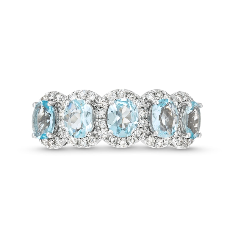 Main Image 4 of Oval Aquamarine and 3/8 CT. T.W. Diamond Frame Five Stone Ring in 14K White Gold