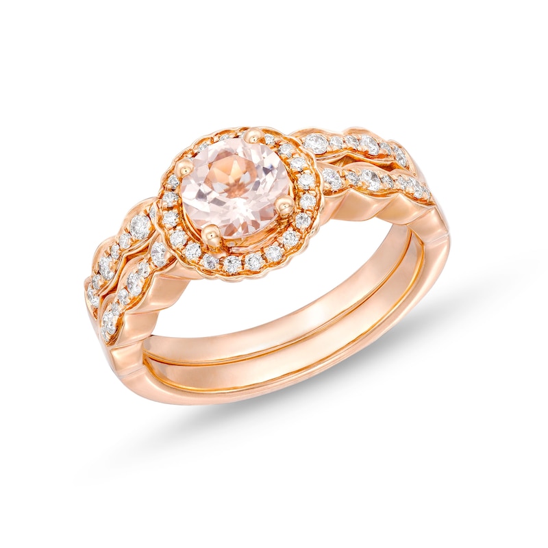 6.0mm Morganite and 1/3 CT. T.W. Diamond Scallop Frame Bridal Set in 14K Rose Gold