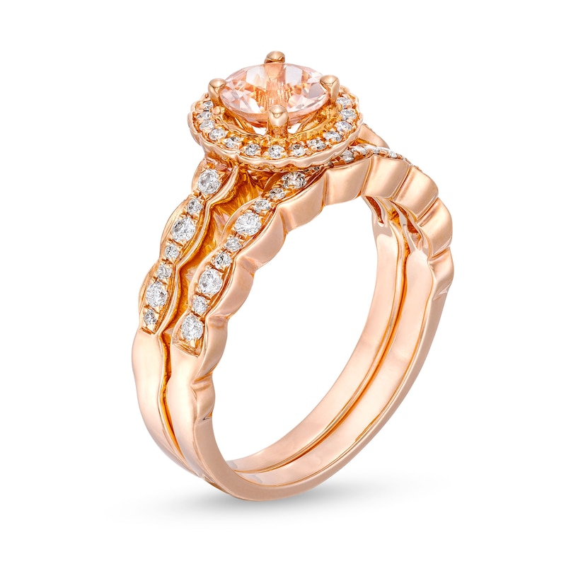 6.0mm Morganite and 1/3 CT. T.W. Diamond Scallop Frame Bridal Set in 14K Rose Gold