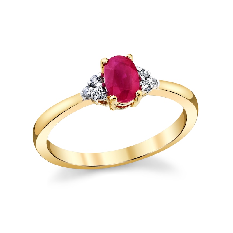 Oval Ruby and 1/10 CT. T.W. Diamond Tri-Sides Ring in 14K Gold