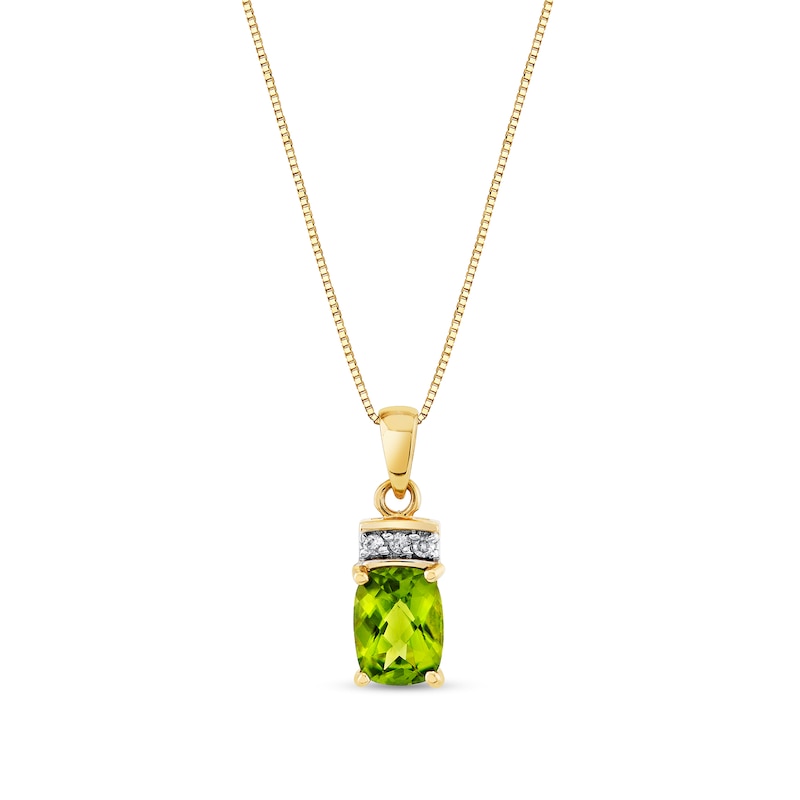 Main Image 1 of Elongated Cushion-Cut Peridot and 1/20 CT. T.W. Diamond Collar Pendant in 14K Gold