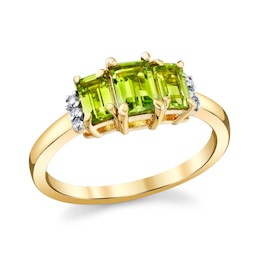 Emerald-Cut Peridot and 1/20 CT. T.W. Diamond Collar Three Stone Ring in 14K Gold