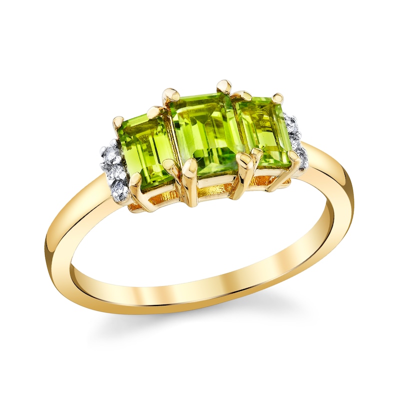 Main Image 1 of Emerald-Cut Peridot and 1/20 CT. T.W. Diamond Collar Three Stone Ring in 14K Gold