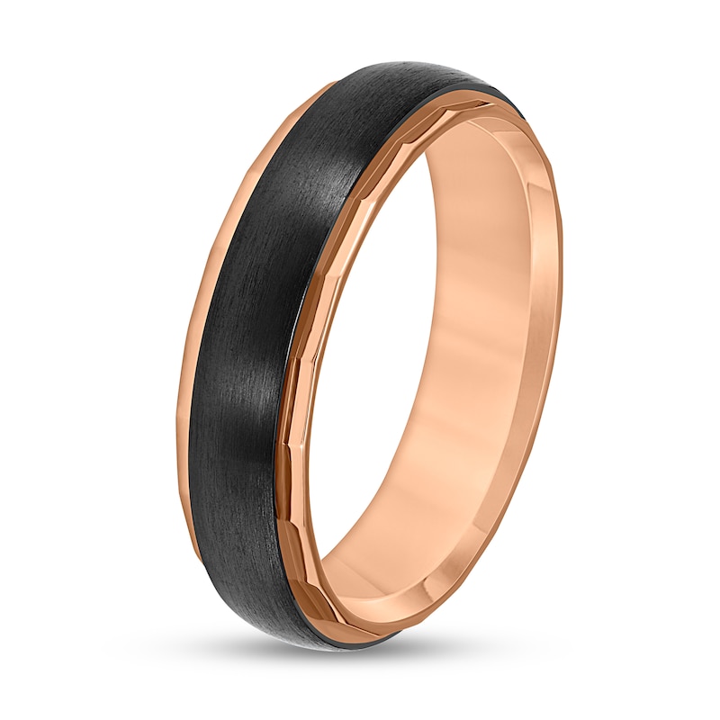 Main Image 2 of Men's 6.0mm Faceted Edge Satin Textured Center Stripe Engravable Wedding Band in Two-Tone Titanium (1 Line)