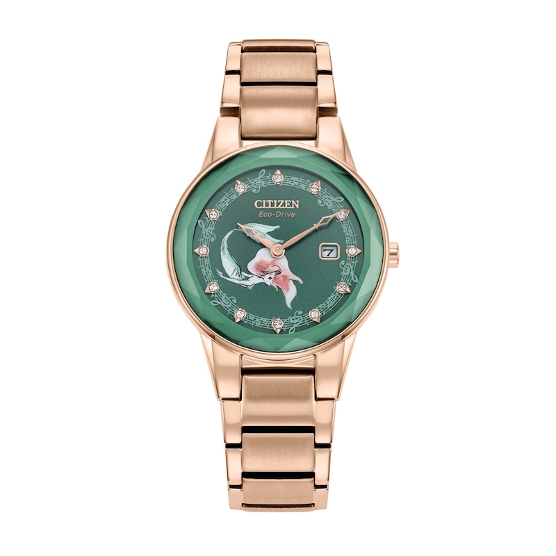 Main Image 1 of Ladies' Citizen Eco-Drive® Disney Ariel Crystal Accent Rose-Tone Watch with Green Dial and Pin Set (Model: GA1073-63W)