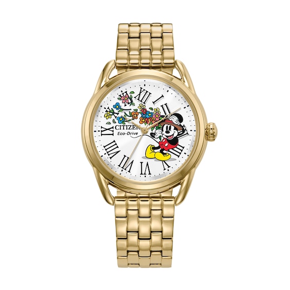 Ladies' Citizen Eco-DriveÂ® Mickey Mouse with Flowers Gold-Tone Watch (Model:FE7093-57W)