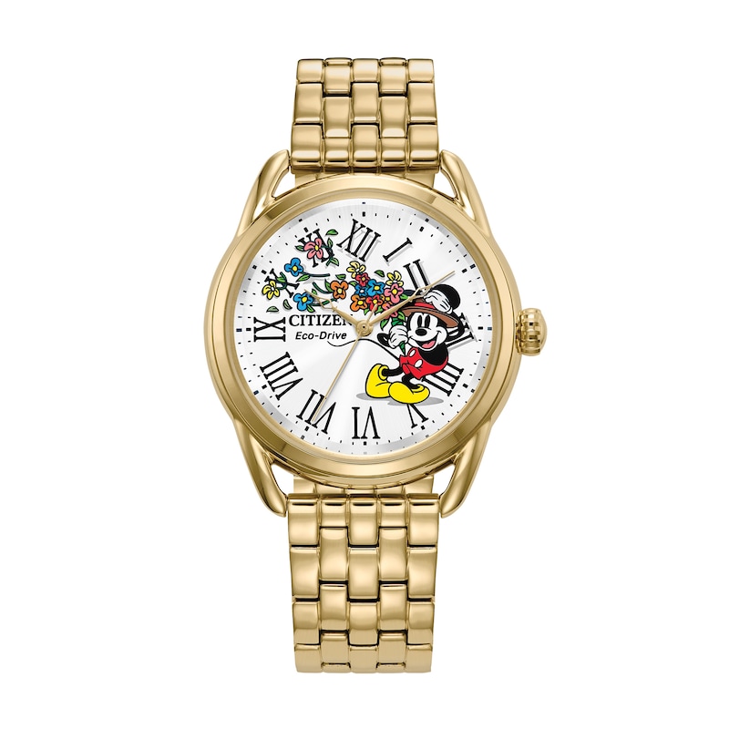 Main Image 1 of Ladies' Citizen Eco-Drive® Mickey Mouse with Flowers Gold-Tone Watch (Model:FE7093-57W)