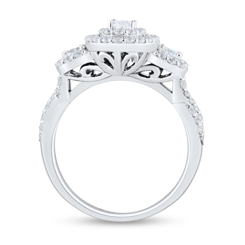 Main Image 2 of 1 CT. T.W. Oval Diamond Frame Three Stone Twist Shank Engagement Ring in 14K White Gold (I/I1)