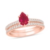 Thumbnail Image 1 of Pear-Shaped Lab-Created Ruby and 1/3 CT. T.W. Diamond Bridal Set in 10K Rose Gold