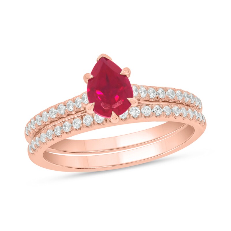 Main Image 1 of Pear-Shaped Lab-Created Ruby and 1/3 CT. T.W. Diamond Bridal Set in 10K Rose Gold