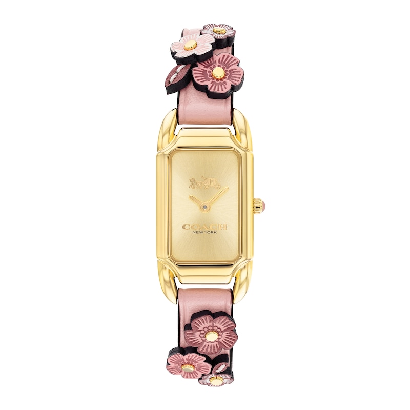 Ladies' Coach Cadie Gold-Tone IP Pink Leather Strap Watch with Rectangular Dial (Model: 14504191)