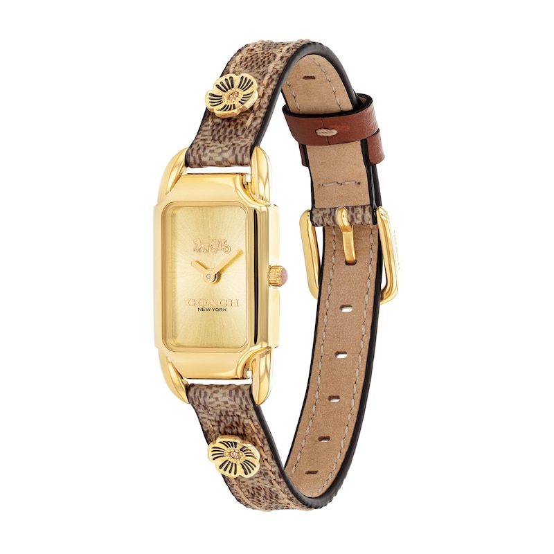 Ladies' Coach Cadie Gold-Tone IP Tan Leather Strap Watch with Rectangular Dial (Model: 14504192)