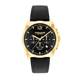 Men's Coach Greyson Gold-Tone IP Chronograph Black Leather Strap Watch with Black Dial (Model: 14602631)