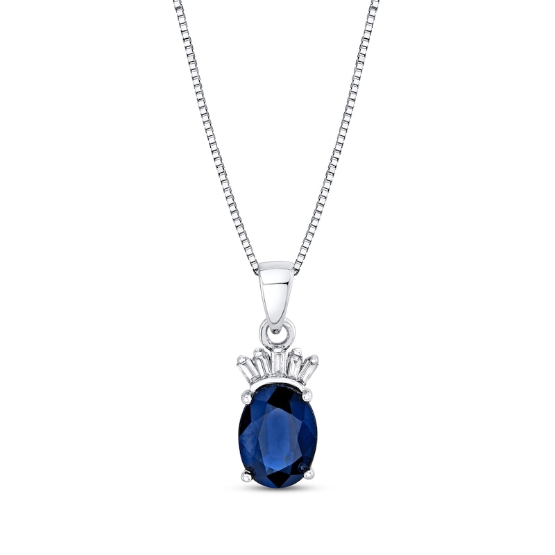 Main Image 1 of Oval Blue Sapphire and 1/15 CT. T.W. Baguette-Cut Diamond Fan-Top Pendant in 14K White Gold