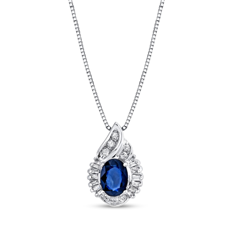 Main Image 1 of Oval Blue Sapphire and 1/5 CT. T.W. Diamond Flame Pendant in 14K White Gold