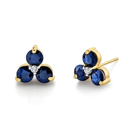 Blue Sapphire and 1/20 CT. T.W. Diamond Trio Stud Earrings in 14K Gold