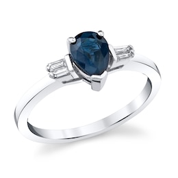 Pear-Shaped Blue Sapphire and 1/8 CT. T.W. Baguette-Cut Diamond Collar Ring in 14K White Gold