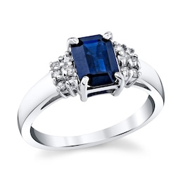 Emerald-Cut Blue Sapphire and 1/5 CT. T.W. Diamond Double Collar Ring in 14K White Gold