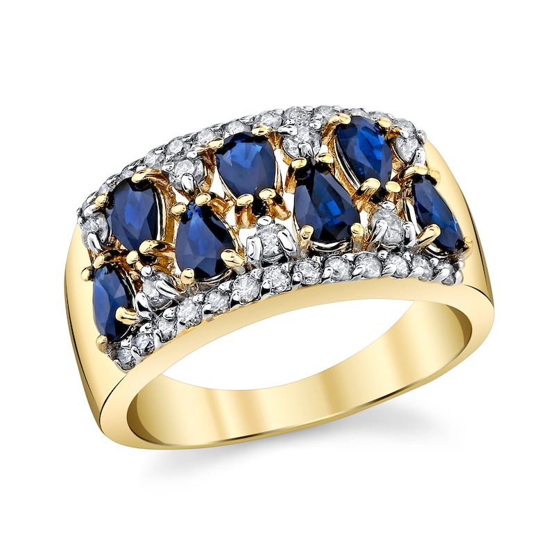 Main Image 1 of Pear-Shaped Blue Sapphire and 3/8 CT. T.W. Diamond Edge Mirrored Band in 14K Gold