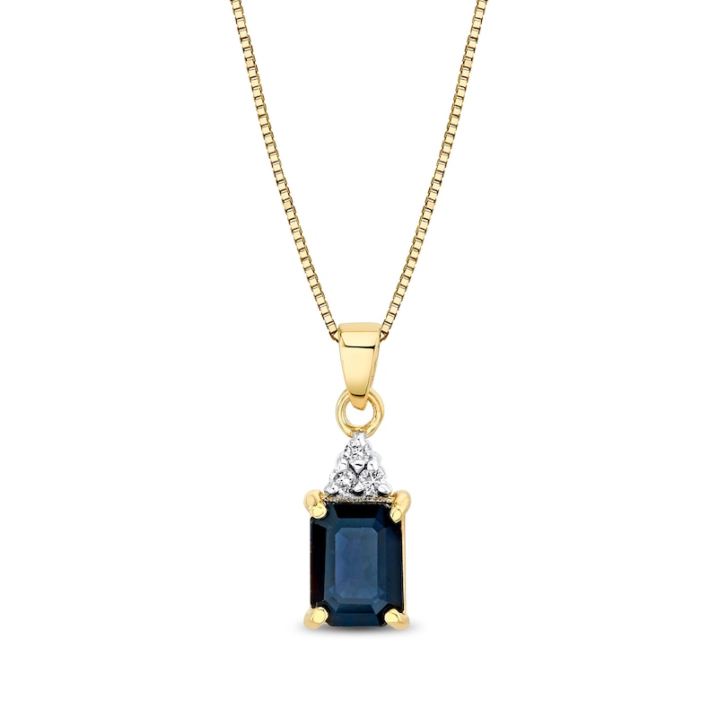 Main Image 1 of Emerald-Cut Blue Sapphire and 1/20 CT. T.W. Diamond Tri-Top Pendant in 14K Gold