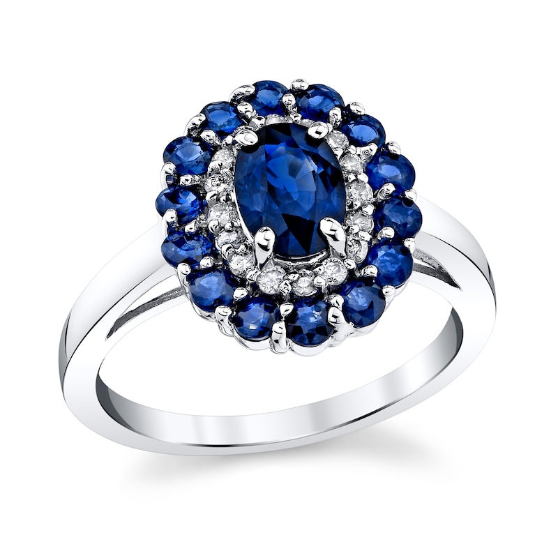 Main Image 1 of Oval Blue Sapphire and 1/6 CT. T.W. Diamond Floral Double Frame Ring in 14K White Gold