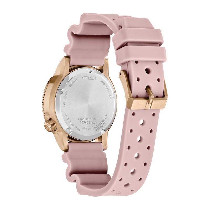 Main Image 3 of Ladies' Citizen Eco-Drive® Promaster Dive Rose-Tone Pink Rubber Strap Watch with Silver-Tone Dial (Model: EO2023-00A)