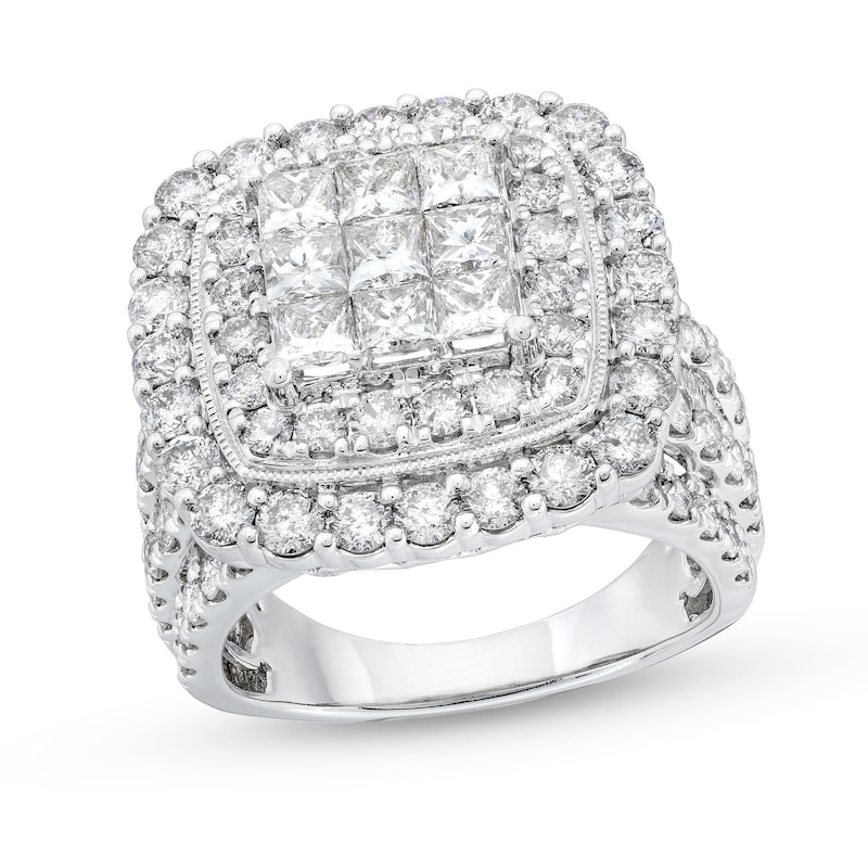 Main Image 1 of 4 CT. T.W. Princess-Cut Multi-Diamond Cushion Frame Vintage-Style Engagement Ring in 10K White Gold