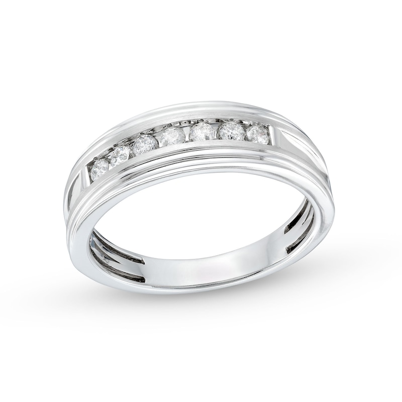 Main Image 1 of Men's 1/3 CT. T.W. Diamond Ridged Edge Seven Stone Band in 10K White Gold