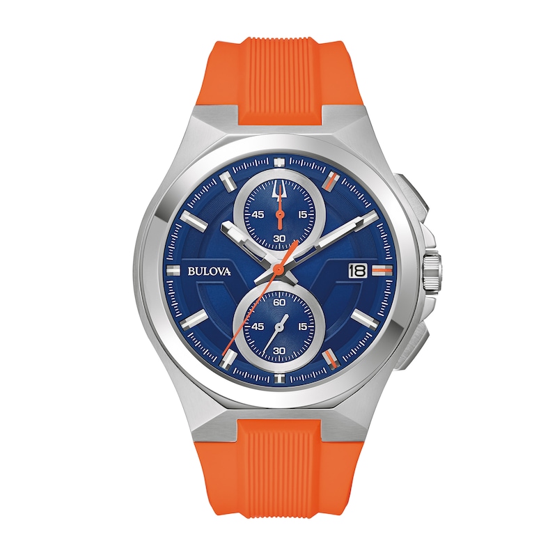 Men\'s Bulova Maquina Silver-Tone Orange Watch Dial Outlet Chronograph Strap Blue (Model: 96B407) with | Zales