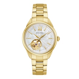 Ladies' Bulova Sutton Gold-Tone Watch with Mother-of-Pearl Dial and Skeleton Heart (Model: 97L172)