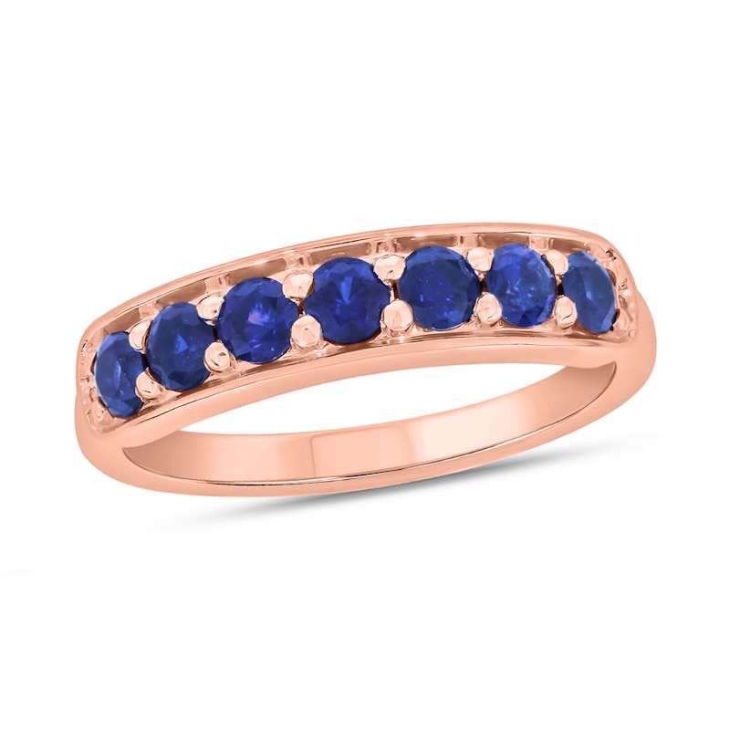 Main Image 1 of 3.0mm Blue Lab-Created Sapphire Seven Stone Sideways Bar Band in 10K Rose Gold