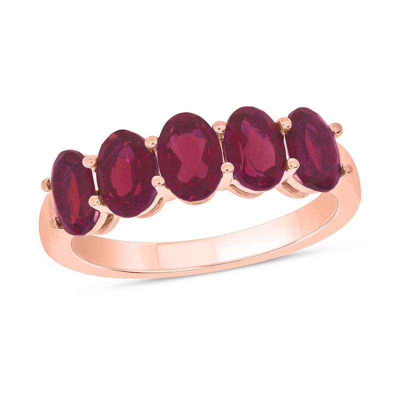 Oval Lab-Created Ruby Five Stone Band in 10K Rose Gold