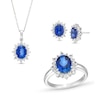 Thumbnail Image 1 of Oval Blue Lab-Created Sapphire and White Lab-Created Sapphire Sunburst Pendant, Ring and Earrings Set in Sterling Silver