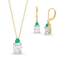 White Lab-Created Sapphire and Lab-Created Emerald Pendant and Drop Earrings Set in Sterling Silver with 18K Gold Plate