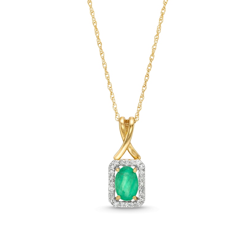 Main Image 1 of Oval Emerald and 1/15 CT. T.W. Diamond Rectangle Frame Pendant in 10K Gold