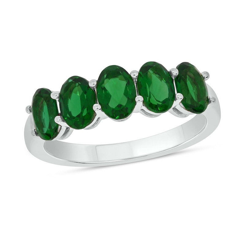 Oval Lab-Created Emerald Five Stone Band in Sterling Silver