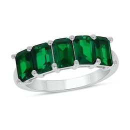 Emerald-Cut Lab-Created Emerald Five Stone Band in Sterling Silver