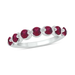 Round Lab-Created Ruby Oval Seven Stone Band in Sterling Silver