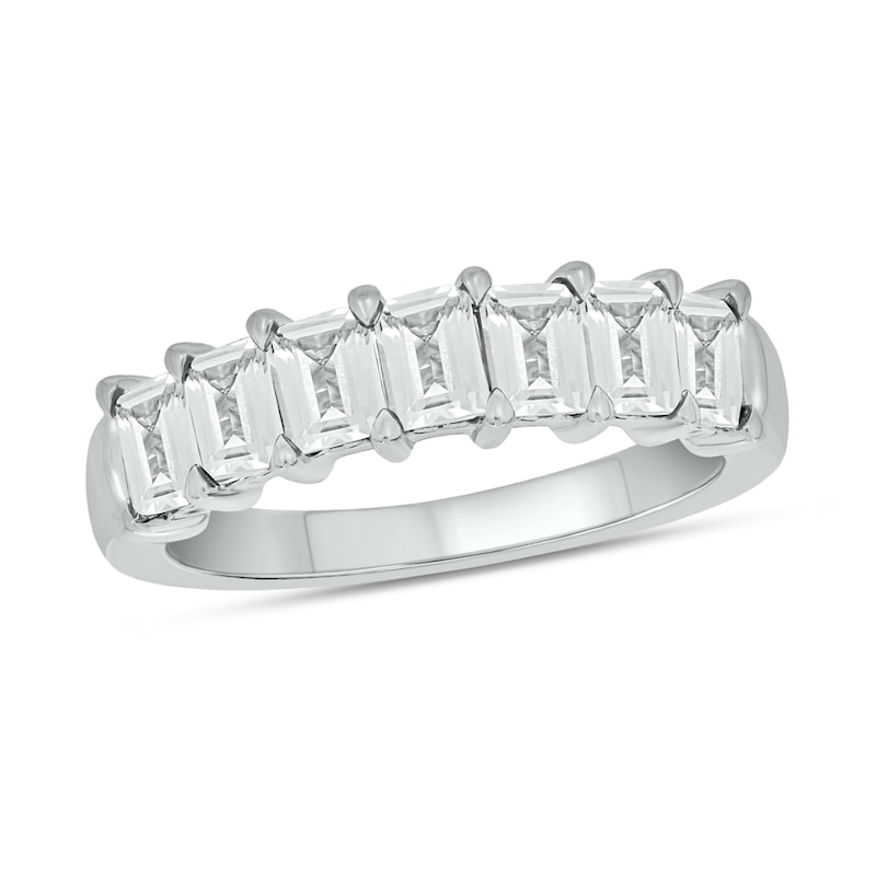 Emerald-Cut White Lab-Created Sapphire Seven Stone Band in Sterling Silver