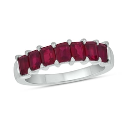 Emerald-Cut Lab-Created Ruby Seven Stone Band in Sterling Silver