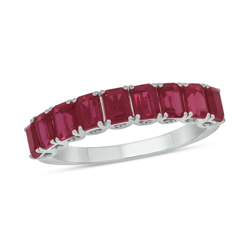 Main Image 1 of Emerald-Cut Lab-Created Ruby Nine Stone Band in Sterling Silver