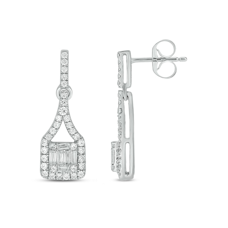 Main Image 1 of 1/2 CT. T.W. Princess Multi-Diamond Cushion Doorknocker Drop Earrings in 10K White Gold