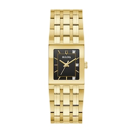 Ladies' Bulova Quadra Marc Anthony Diamond Accent Gold-Tone Watch with Black Square Dial (Model: 97P167)