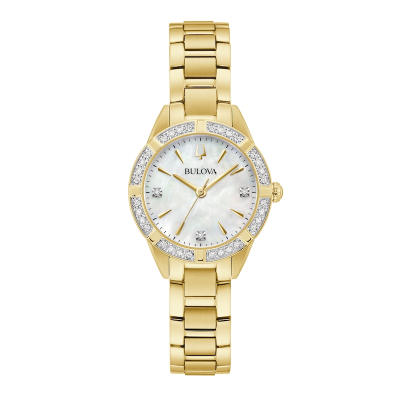 Ladies' Bulova Sutton 1/20 CT. T.W. Diamond Gold-Tone Watch with Mother-of-Pearl Dial (Model: 98R297)