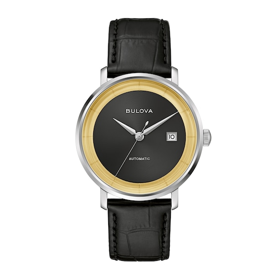 Men's Bulova Limited Edition Rat Pack Black Strap Watch with Gold-Tone and Black Dial (Model: 96B406)