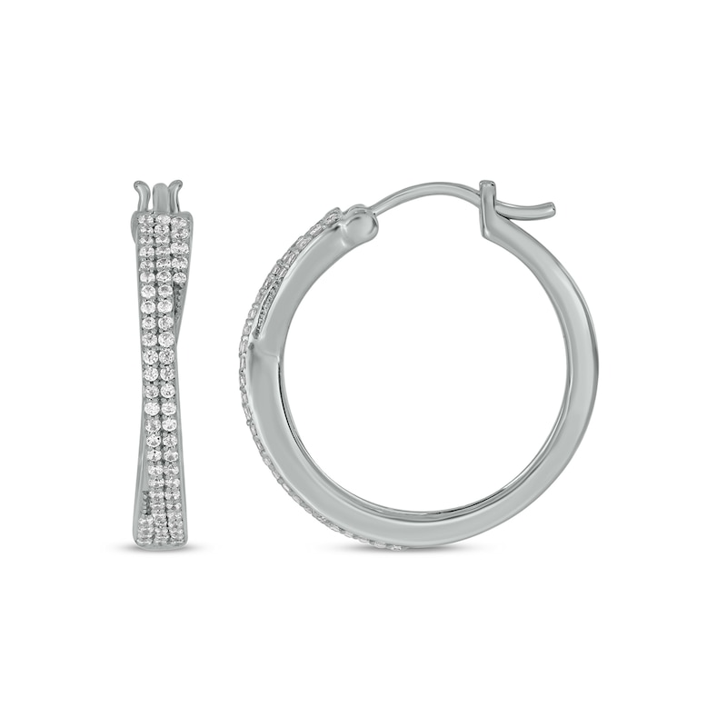 Main Image 1 of 1/2 CT. T.W. Diamond Double Row Criss-Cross Overlay Hoop Earrings in Sterling Silver